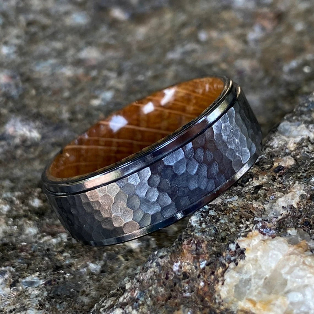 Men's Black Titanium Wedding Bands Hammered Finish Whiskey Rings