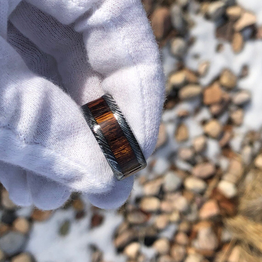 Wide 10mm Damascus Steel Wedding Band With Ironwood Sleeve Inlay