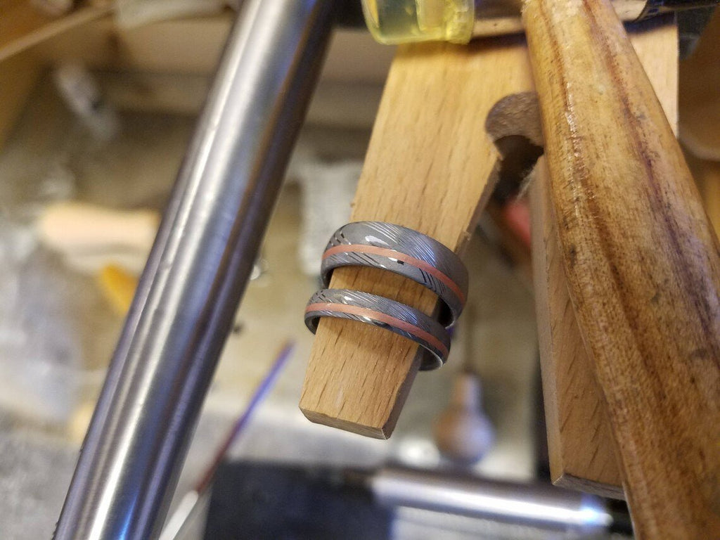 His and Her Damascus Wedding Ring Set with Copper Inlay