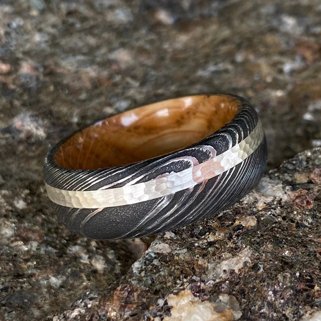 Mens Wedding Band Damascus Steel Ring Sterling Silver Inlay With Whiskey Barrel Sleeve Custom Wedding Rings