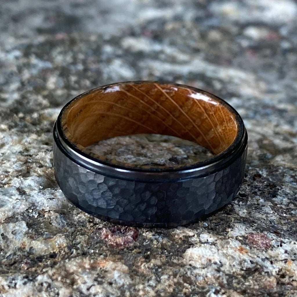 Men's Black Titanium Wedding Bands Hammered Finish Whiskey Rings