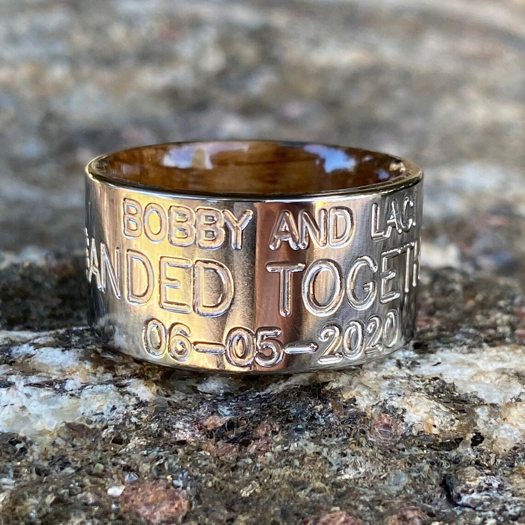 12mm Wide Personalized Duck Band With Whiskey Barrel Sleeve - USA Made Custom Wedding Bands & Rings