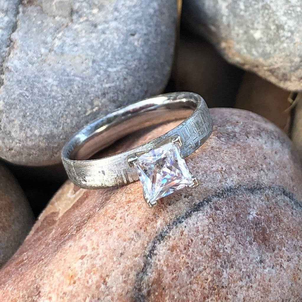 4mm Wide Meteorite Engagement Ring with stunning 1CT Moissanite Princess Center