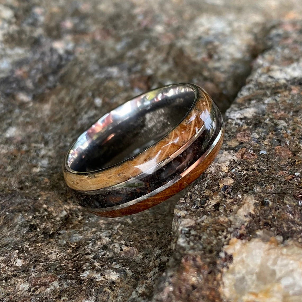 Mens Dinosaur Bone and Whiskey Barrel Ring, Custom Made Authentic Wedding Bands 8mm