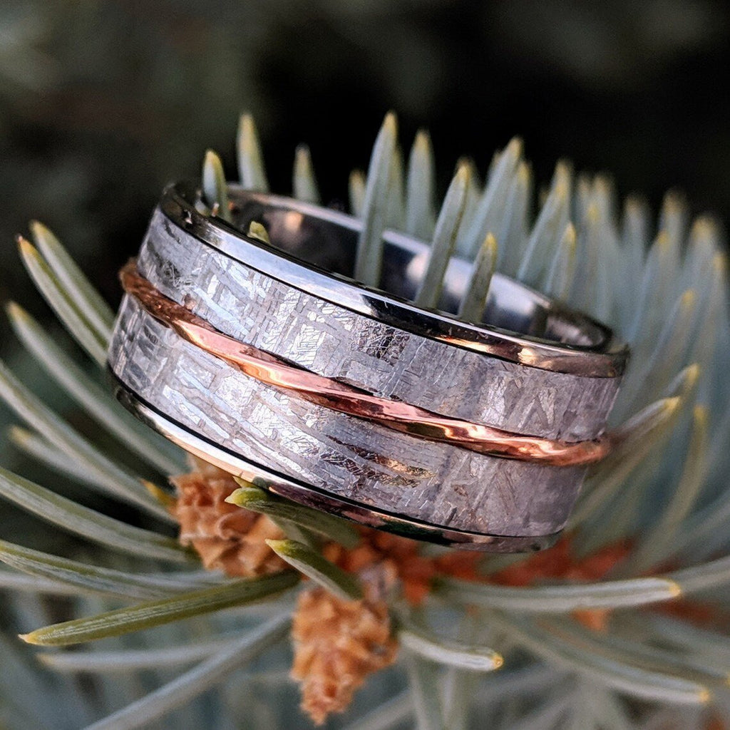 Gibeon Meteorite Ring 10mm Wide Groom's Wedding Band w/ 14k Rose Gold