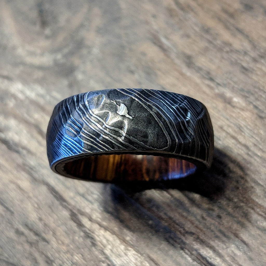 Damascus Steel Mens Wedding Band With Hammered Ironwood Sleeve