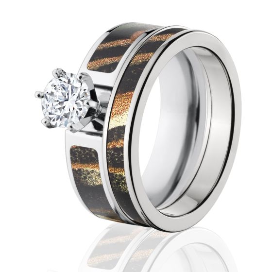 Womens Camouflage Wedding Ring Set, Shadow Grass Camo for Her