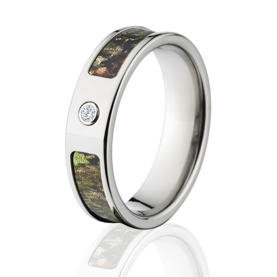 Mossy Oak Obsession Camo Rings, Camouflage Wedding Bands, Obsession Titanium Camo ring w/ Diamond an