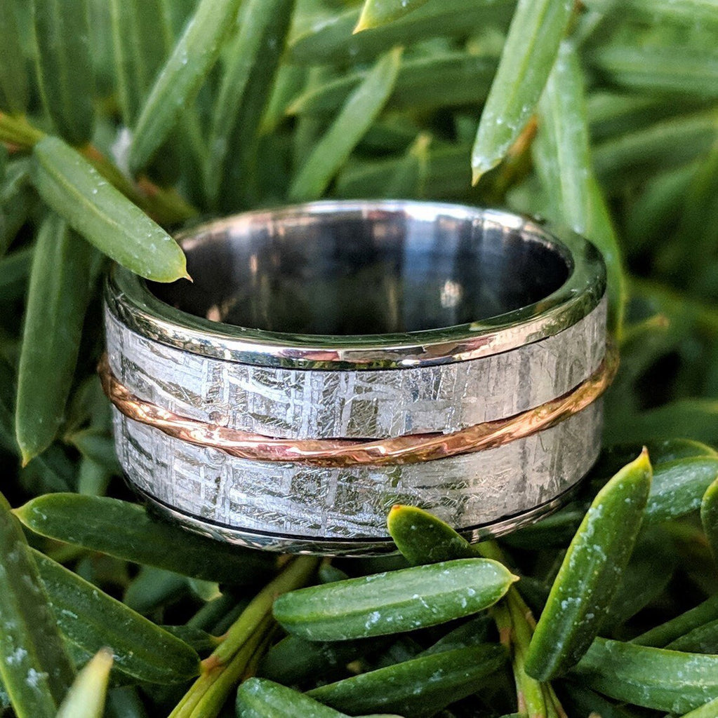 Gibeon Meteorite Ring 10mm Wide Groom's Wedding Band w/ 14k Rose Gold