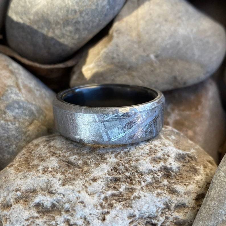 8mm Wide Authentic Meteorite Wedding Band with Black Titanium Sport Sleeve -Genuine Gibeon Meteorite Rings