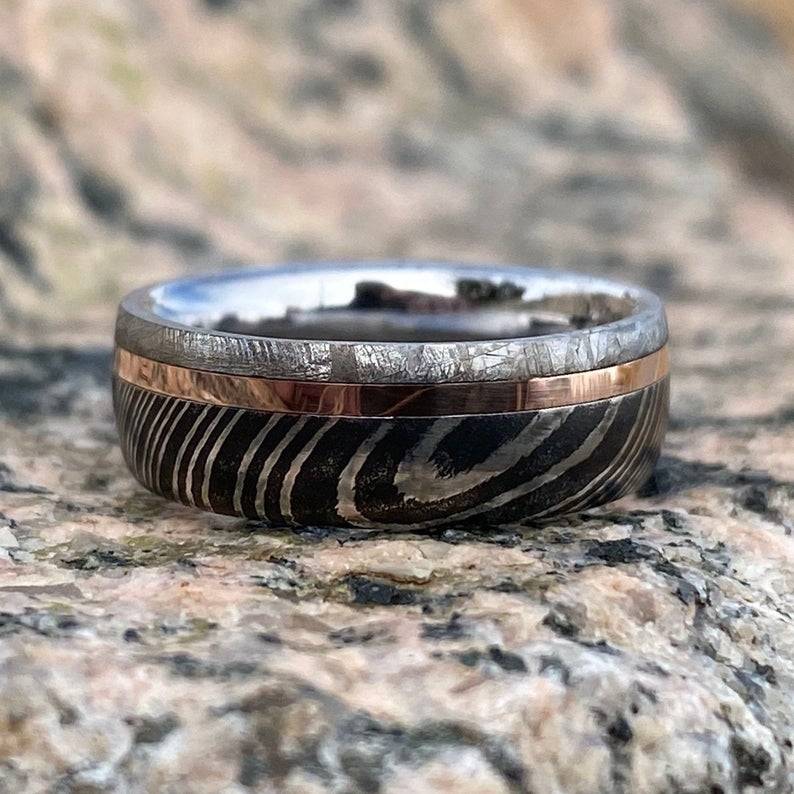 6mm Wide Gibeon Meteorite Ring Damascus Steel Band w/ 14k Rose Gold, Groom's Wedding Band