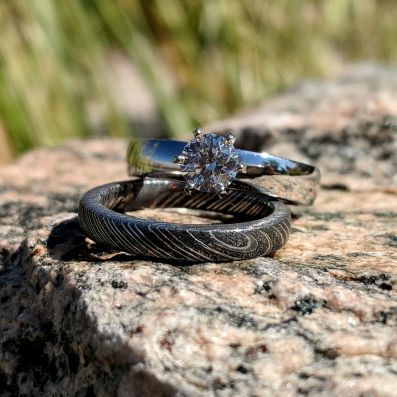 1/2 Diamond Ring Damascus Steel Bridal Set, Cobalt Chrome Damascus Engagement Ring