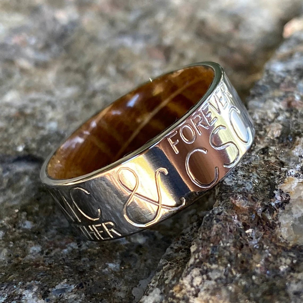 Personalized 8mm Duck Band With Whiskey Barrel Sleeve - USA Made Custom Wedding Bands & Rings