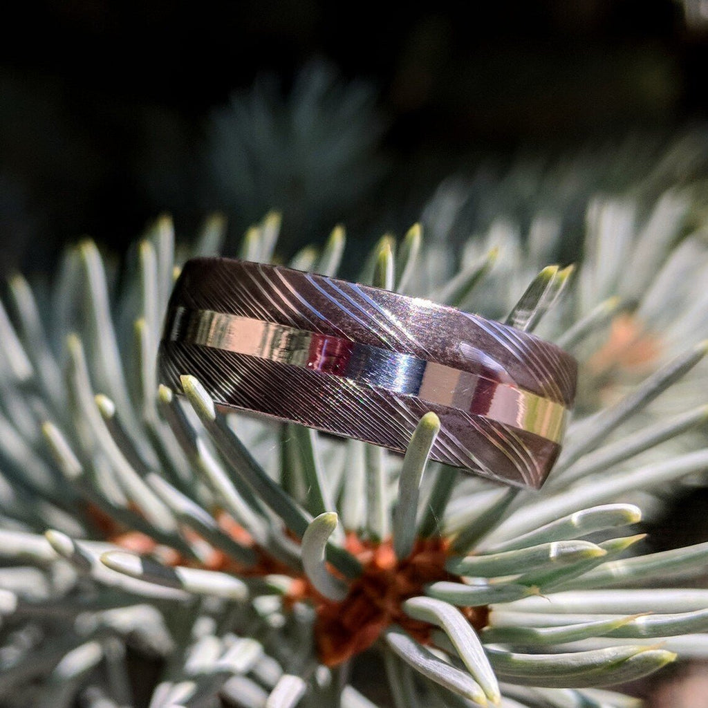 4mm and 8mm Wide Matching Damascus Steel Wedding Ring Set w/ Matching Sterling Silver Inlay