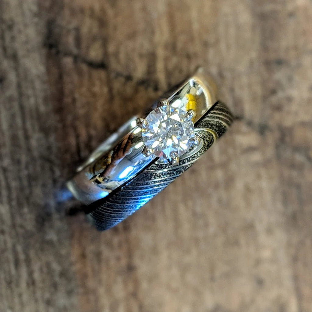Damascus Steel Cobalt Chrome Engagement Ring- Damascus Wedding Bands