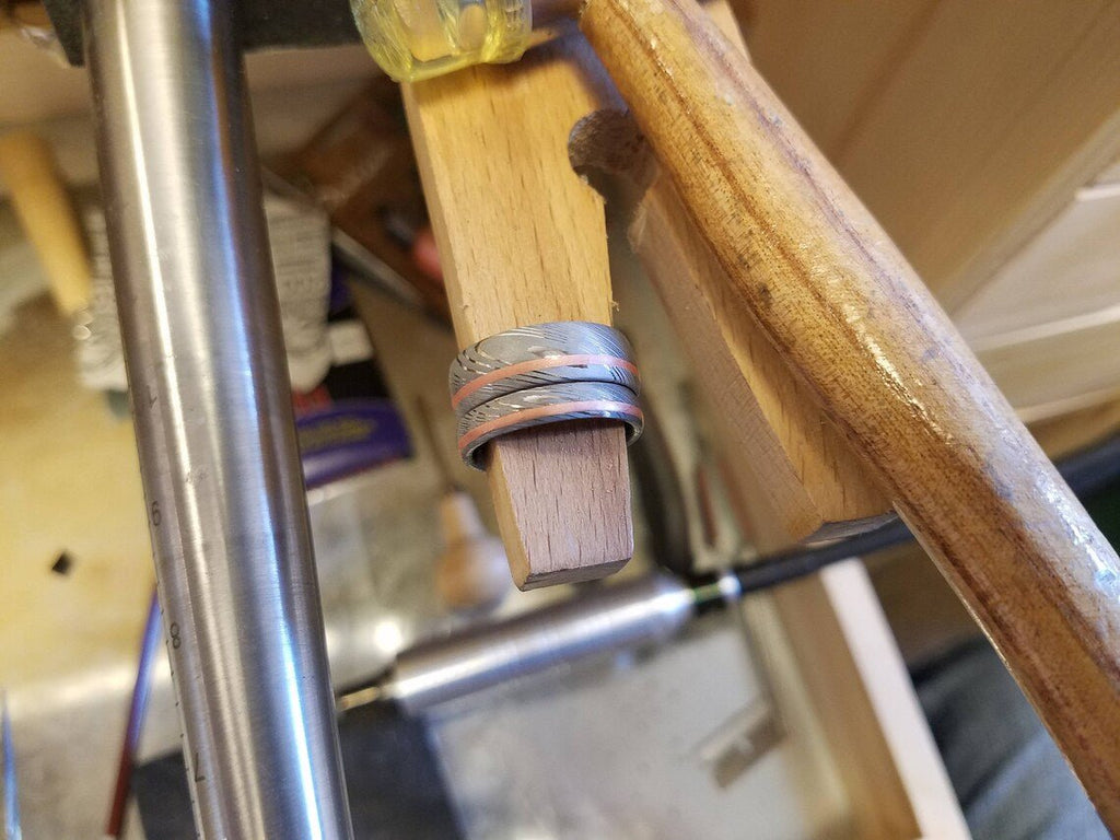 His and Her Damascus Wedding Ring Set with Copper Inlay