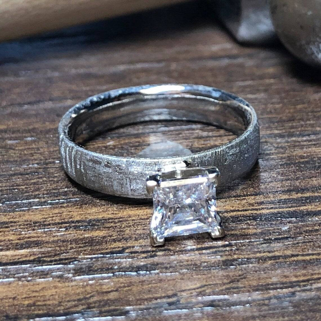 4mm Wide Meteorite Engagement Ring with stunning 1CT Moissanite Princess Center