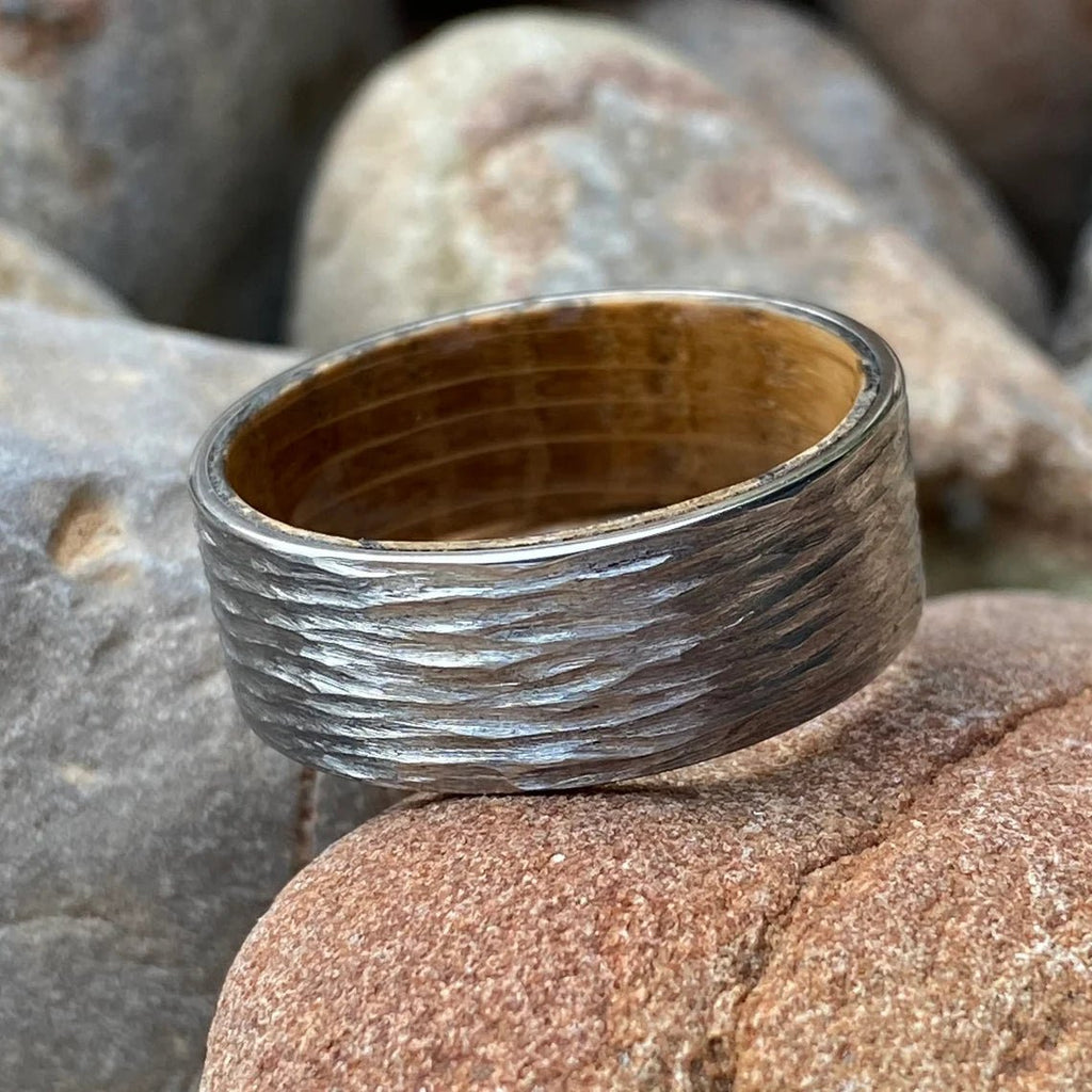 Whiskey Barrel Ring with Tree Bark Finish Custom Cobalt Wedding Band Mens Ring Mens Wedding Band USA Jewelry