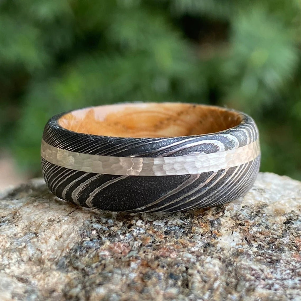 Mens Wedding Band Damascus Steel Ring Sterling Silver Inlay With Whiskey Barrel Sleeve Custom Wedding Rings