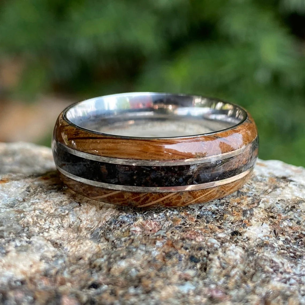 Mens Dinosaur Bone and Whiskey Barrel Ring, Custom Made Authentic Wedding Bands 8mm