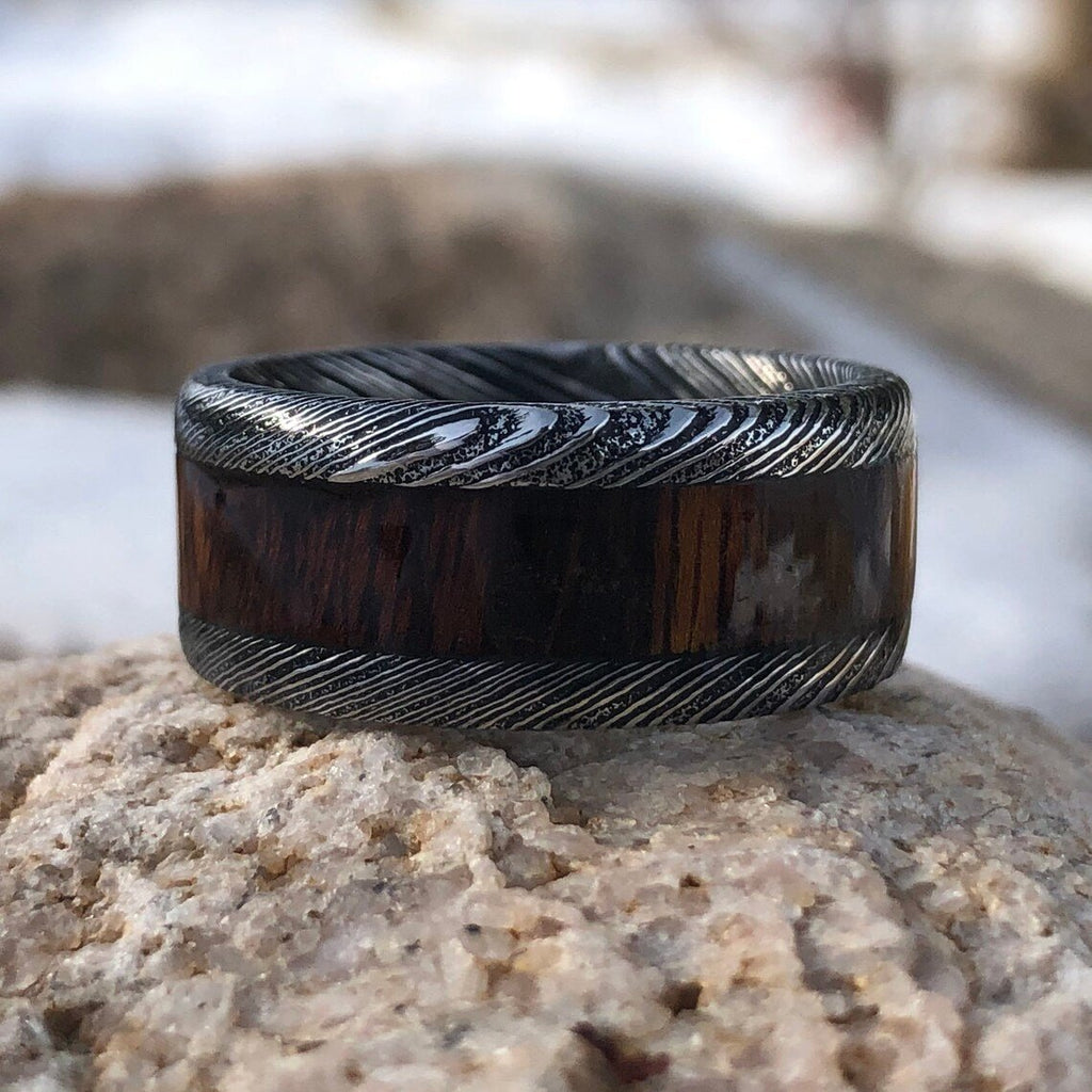 Wide 10mm Damascus Steel Wedding Band With Ironwood Sleeve Inlay