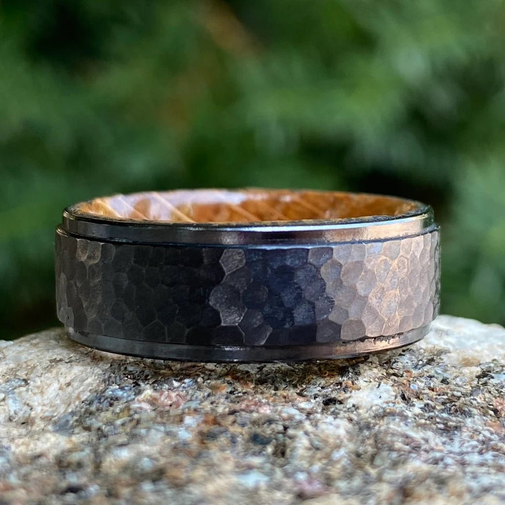 Men's Black Titanium Wedding Bands Hammered Finish Whiskey Rings
