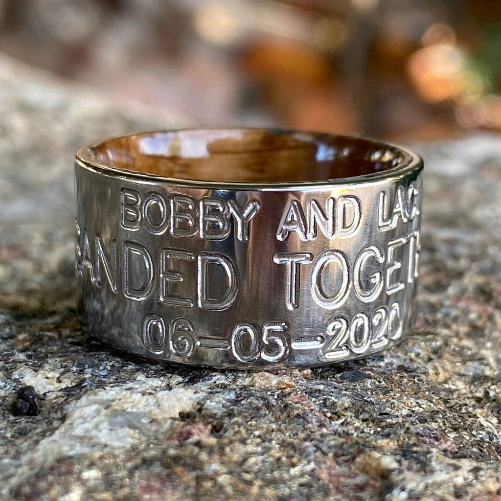 12mm Wide Personalized Duck Band With Whiskey Barrel Sleeve - USA Made Custom Wedding Bands & Rings