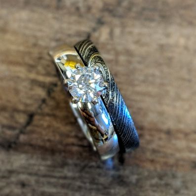 1/2 Diamond Ring Damascus Steel Bridal Set, Cobalt Chrome Damascus Engagement Ring