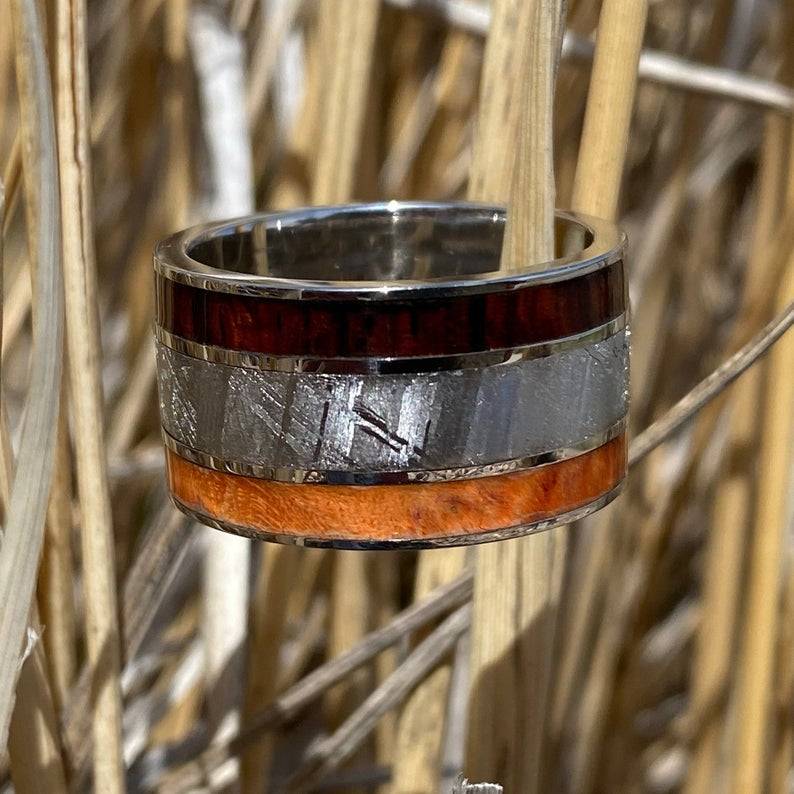 12mm Wide Gibeon Meteorite Ring with Orange Box Elder Burl and Arizona Ironwood Mens Rings