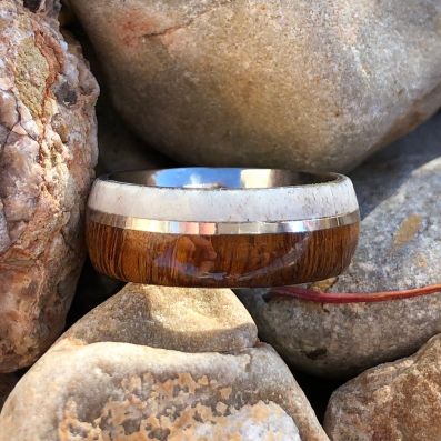 Antler Rings 14k White Gold Bands w/ Arizona Ironwood and Cobalt Sleeve