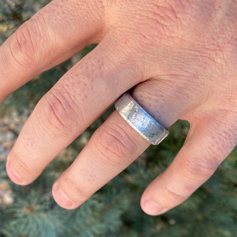 8mm Wide Authentic Meteorite Wedding Band with Black Titanium Sport Sleeve -Genuine Gibeon Meteorite Rings