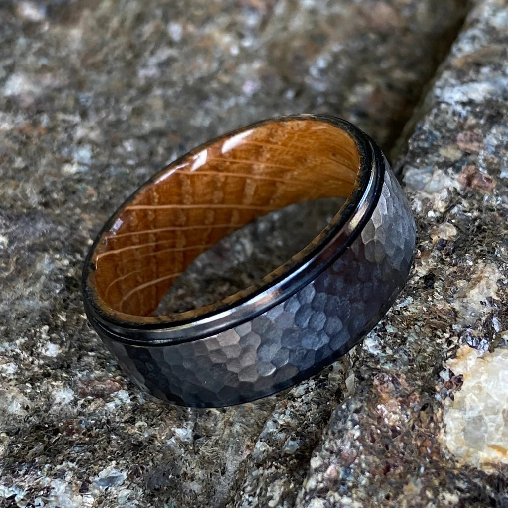 Men's Black Titanium Wedding Bands Hammered Finish Whiskey Rings