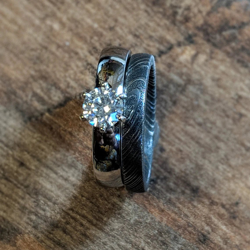 Damascus Steel Cobalt Chrome Engagement Ring- Damascus Wedding Bands