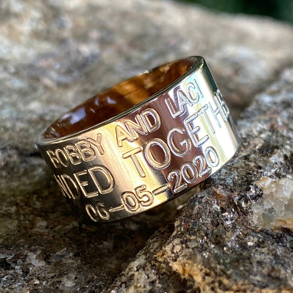 12mm Wide Personalized Duck Band With Whiskey Barrel Sleeve - USA Made Custom Wedding Bands & Rings