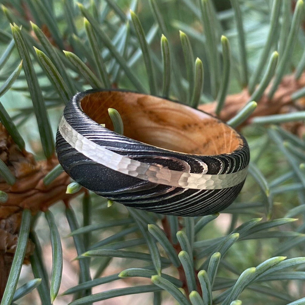 Mens Wedding Band Damascus Steel Ring Sterling Silver Inlay With Whiskey Barrel Sleeve Custom Wedding Rings
