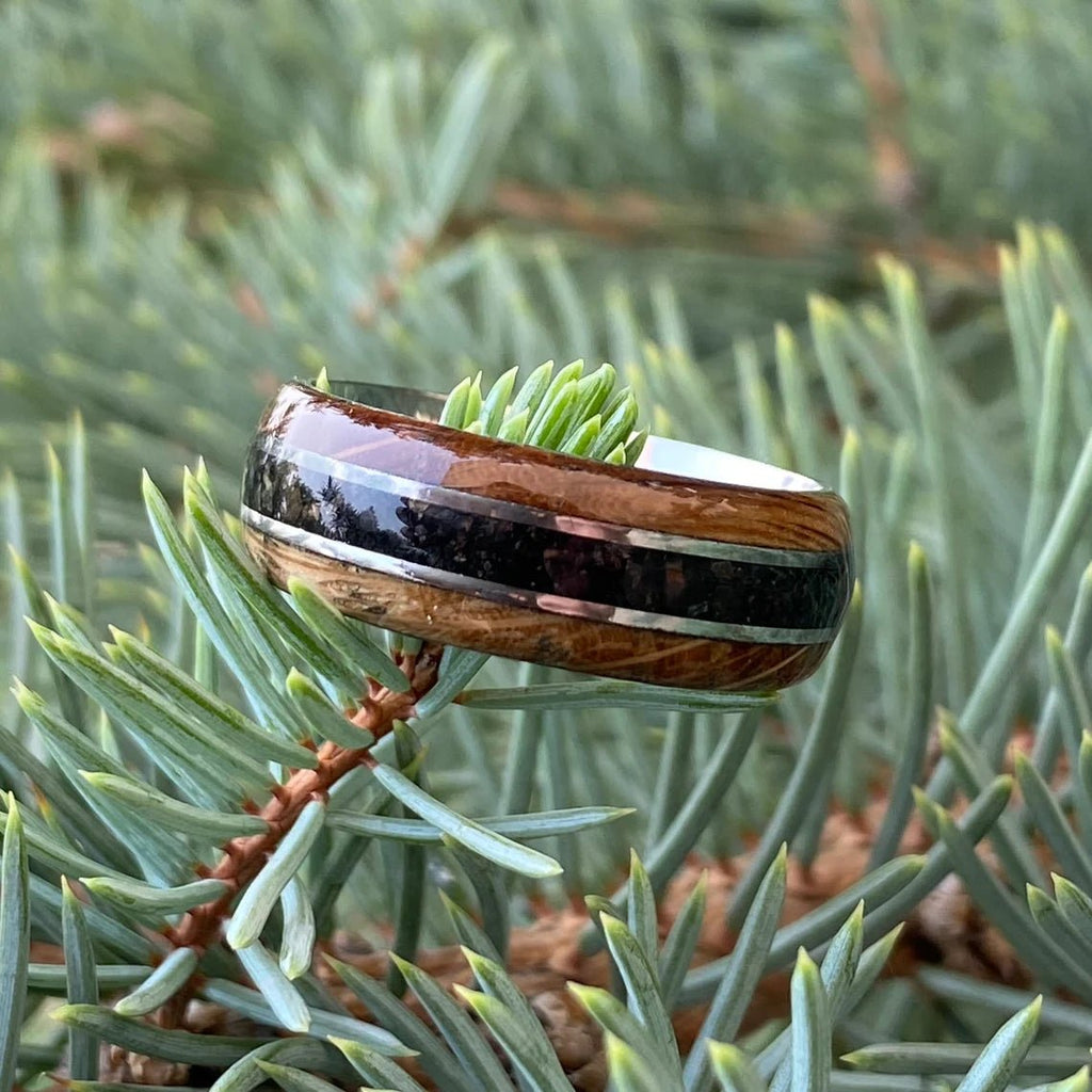 Mens Dinosaur Bone and Whiskey Barrel Ring, Custom Made Authentic Wedding Bands 8mm