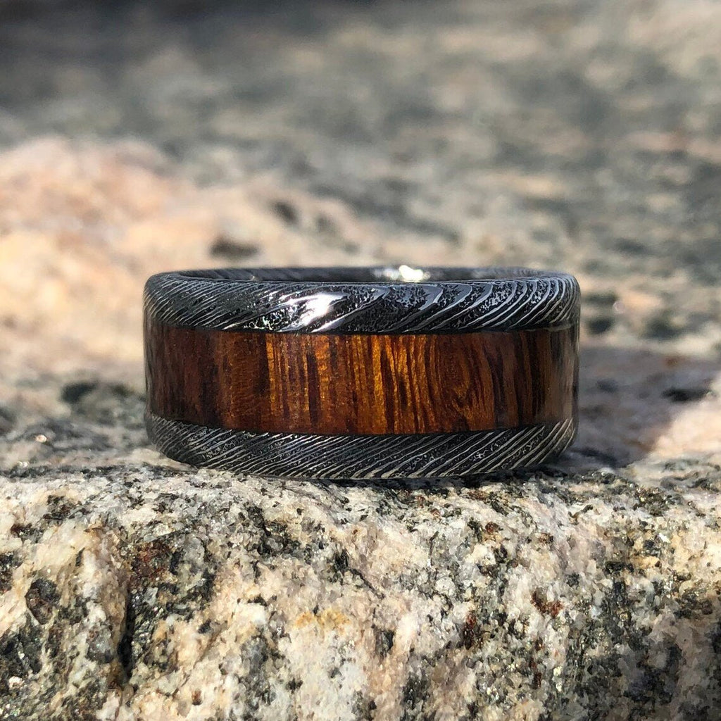 Wide 10mm Damascus Steel Wedding Band With Ironwood Sleeve Inlay