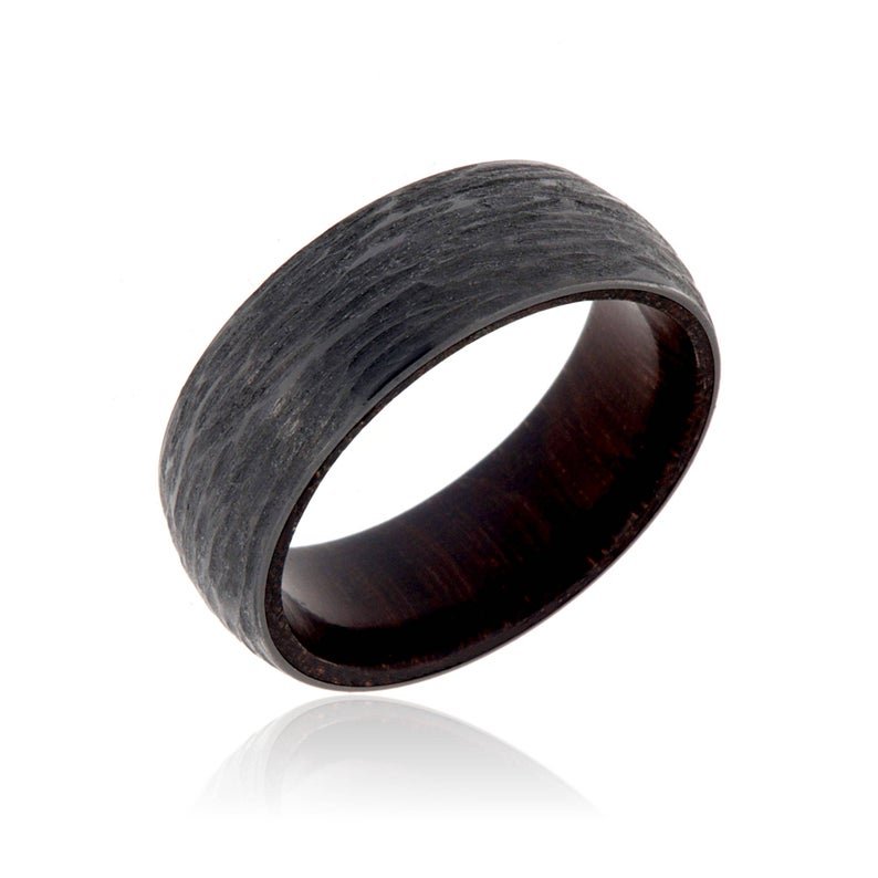 8mm Black Zirconium Ring With Tree Bark Finish and Ebony Wood Sleeve