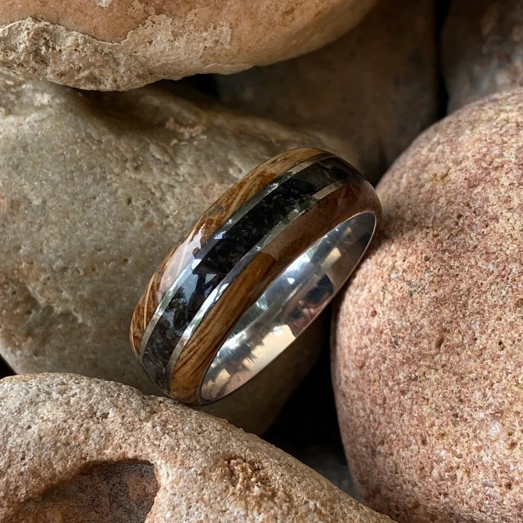 Mens Dinosaur Bone and Whiskey Barrel Ring, Custom Made Authentic Wedding Bands 8mm