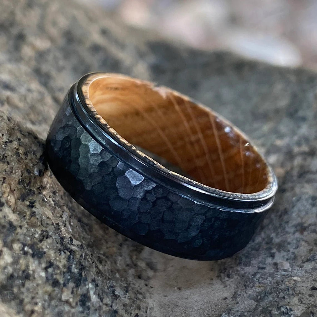 Men's Black Titanium Wedding Bands Hammered Finish Whiskey Rings