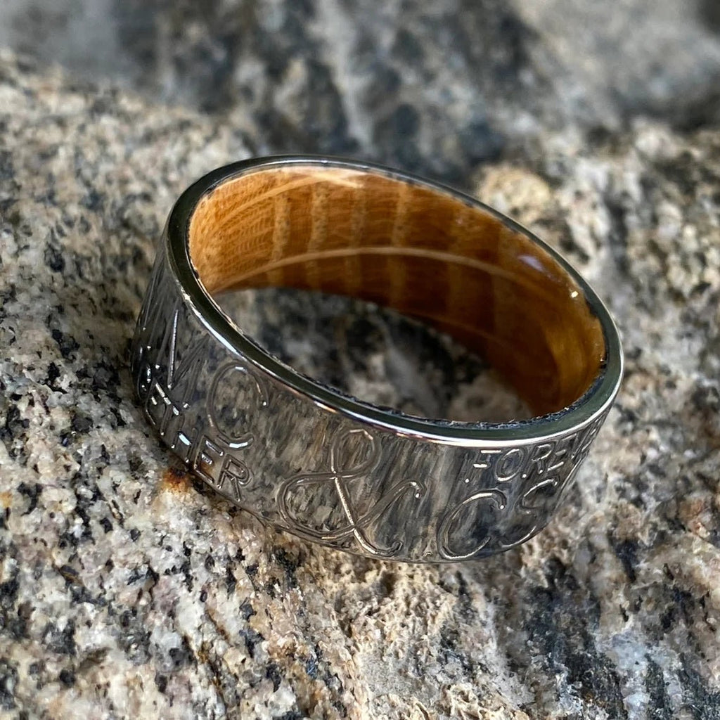 Personalized 8mm Duck Band With Whiskey Barrel Sleeve - USA Made Custom Wedding Bands & Rings