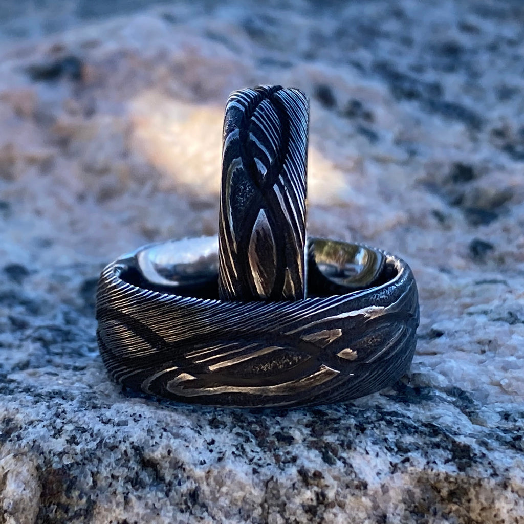 His and Hers Damascus Steel Ring Set - Handcrafted Infinity Design - USA Made