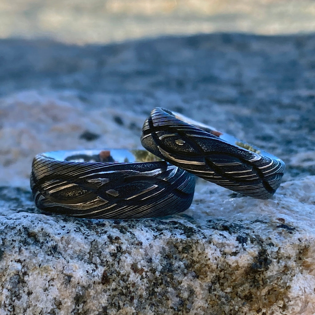 His and Hers Damascus Steel Ring Set - Handcrafted Infinity Design - USA Made