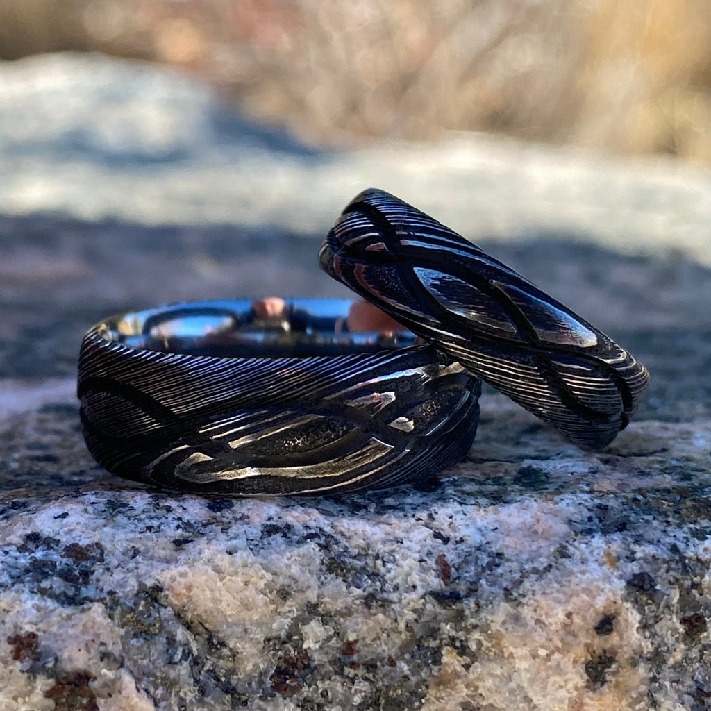 His and Hers Damascus Steel Ring Set - Handcrafted Infinity Design - USA Made