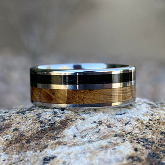 Custom Titanium Mens Wedding Band with Whiskey Barrel & Black Fishing Line Inlays - 8mm Fishing Ring with Comfort Fit - Unique Mens Ring