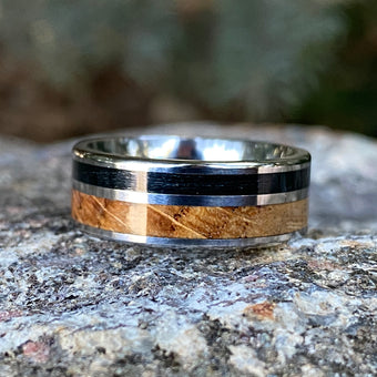 Custom Titanium Mens Wedding Band with Whiskey Barrel & Black Fishing Line Inlays - 8mm Fishing Ring with Comfort Fit - Unique Mens Ring