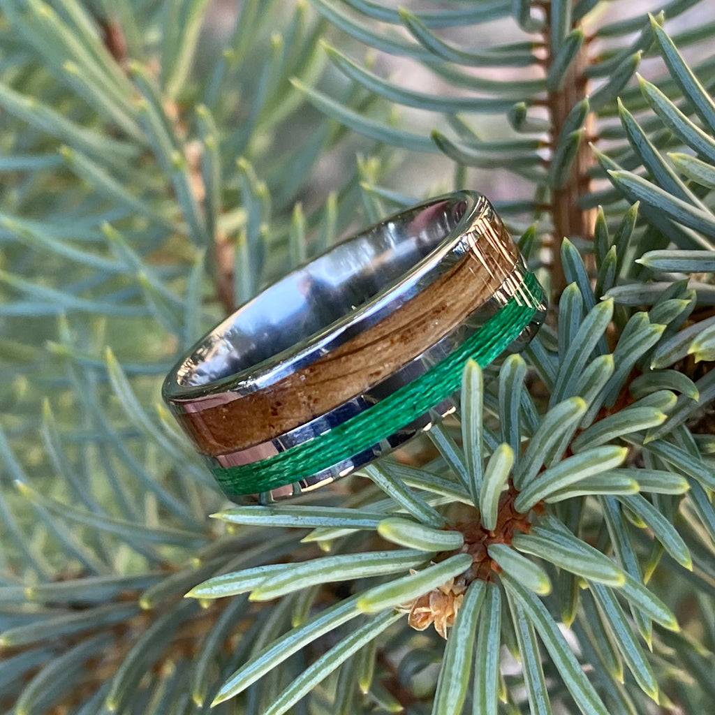 Custom Titanium Mens Wedding Band with Whiskey Barrel & Green Fishing Line Inlays - 8mm Fishing Ring with Comfort Fit - Unique Mens Ring