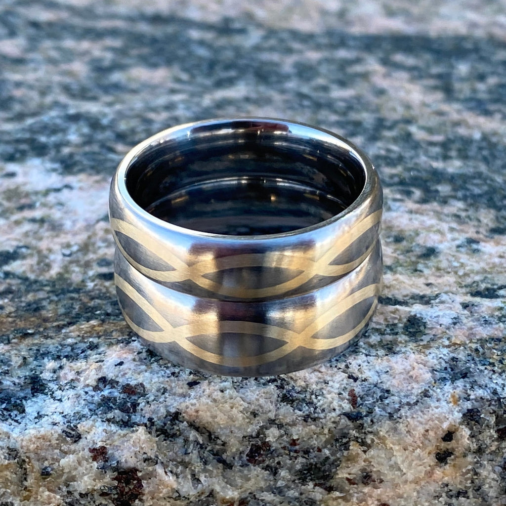 Matching Titanium His and Her Ring Sets - 14k Gold Infinity Design - Titanium Wedding Bands