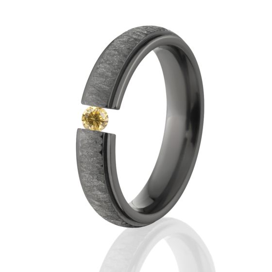 Yellow CZ, Tree Bark, Black Zirconium, 5mm Ring