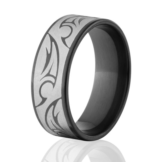 Tribal Tattoo Ring, Black Zirconium Ring, 8mm Ring